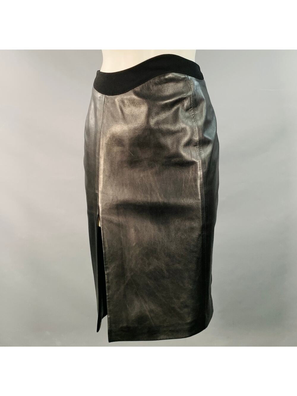 MUGLER Size 0 Black Lamb Skin Pencil Below Knee Skirt